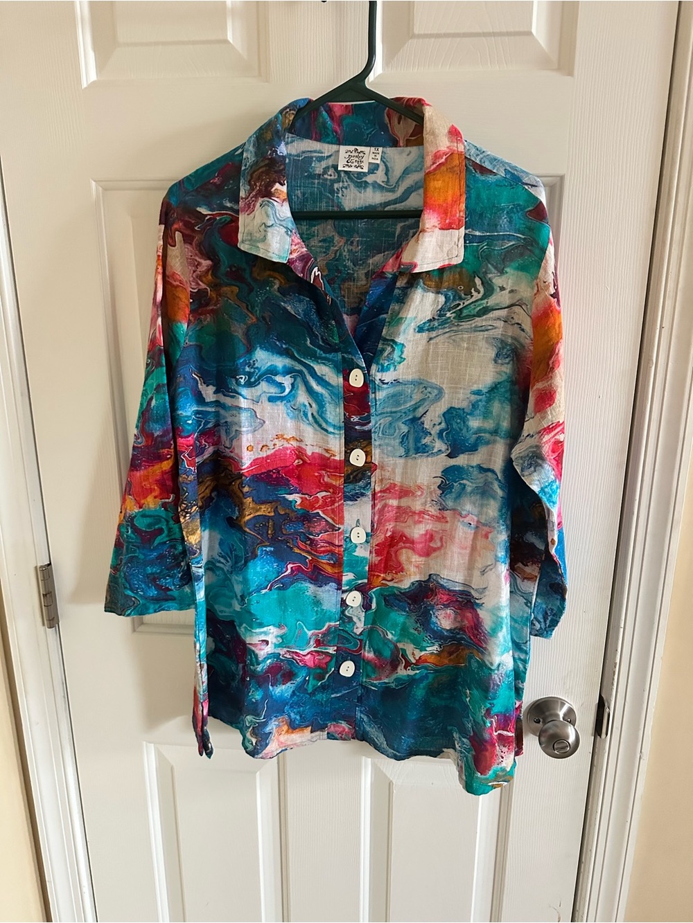 Parsley & Sage Blouse Shirt Tunic Womens 1X Watercolor Button Up Abstract Sheer